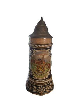 Vintage Heidelberg Germany Beer Stein Pewter Lid Hand Painted Music Box 9”